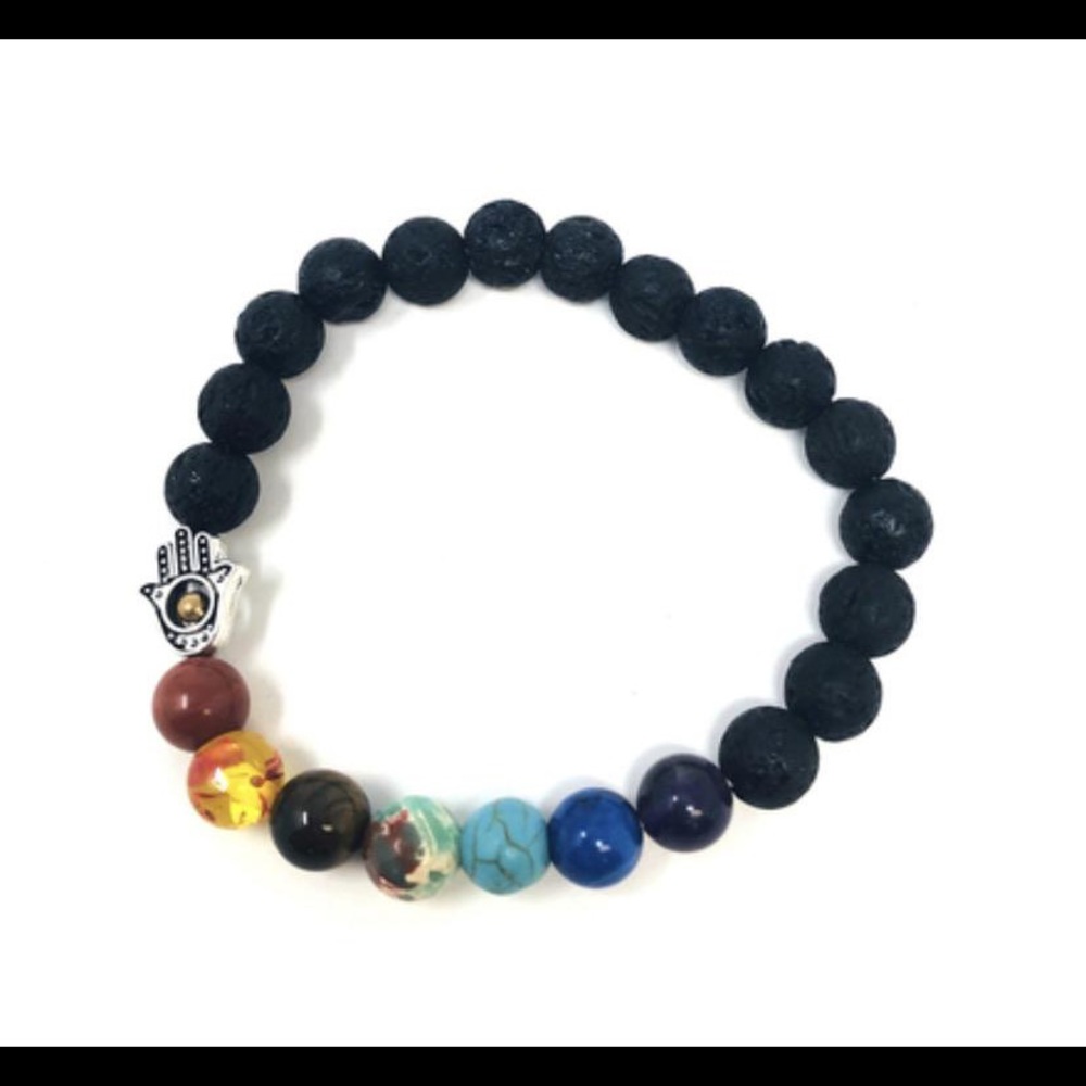 Lava stone and 7 chakra Hamsa Charm Bracelet